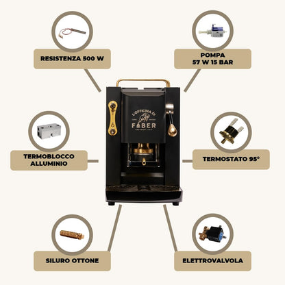 FABER Pro Deluxe ESE 44mm Pod Coffee Machine, Adjustable Brass Holder, Matte Black